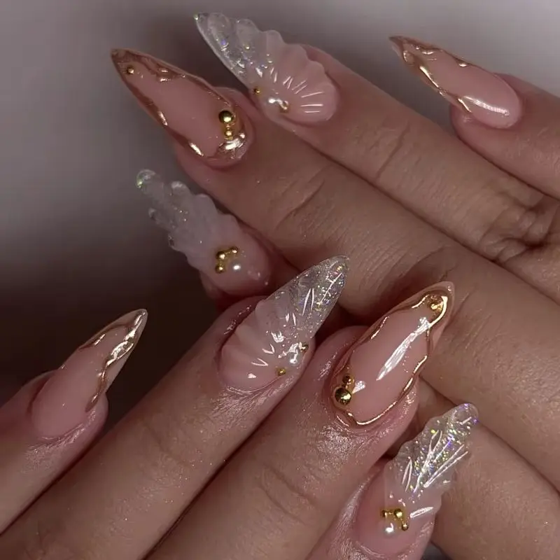 

24Pcs Nude Pink Almond Fake Nails with Jelly Glue Spice Girl Glitter Wave Design Nails Medium Wearable French Manicure for Women