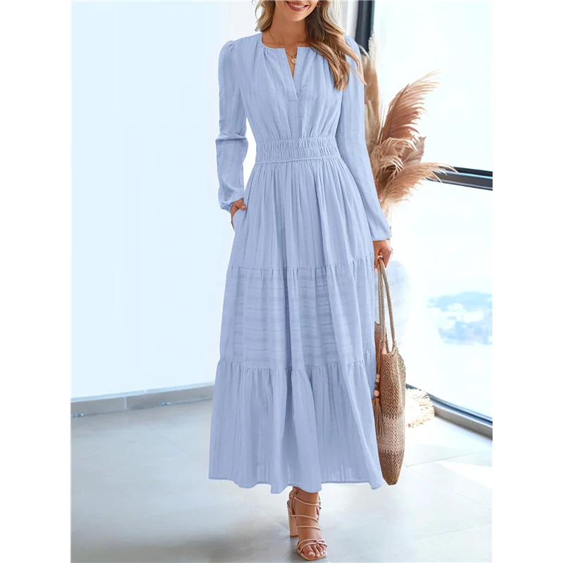 ABRT-女性用秋カジュアル長袖Vネックゴムウエスト軽量マキシ丈ウェディングゲストドレスポケット付き