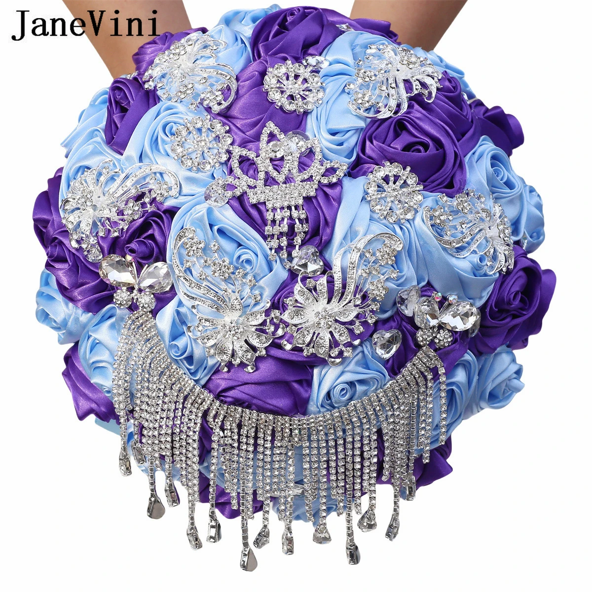 JaneVini-frisada strass nupcial bouquet, prata brilhante jóias, cristal flor noiva, buquê de casamento, graduação, flor falsa, 2024