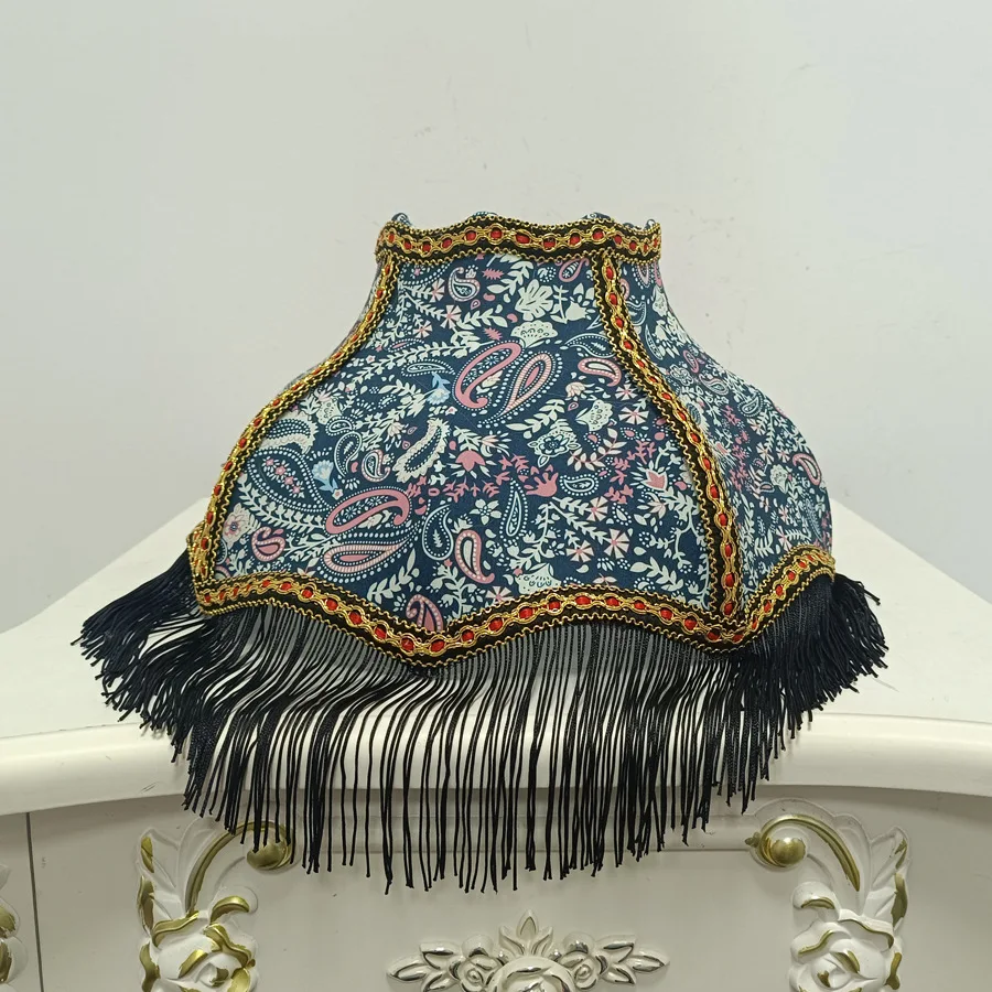 Vintage Bohemian Printed Fabric Lampshade with Tassels (Base Not Included)