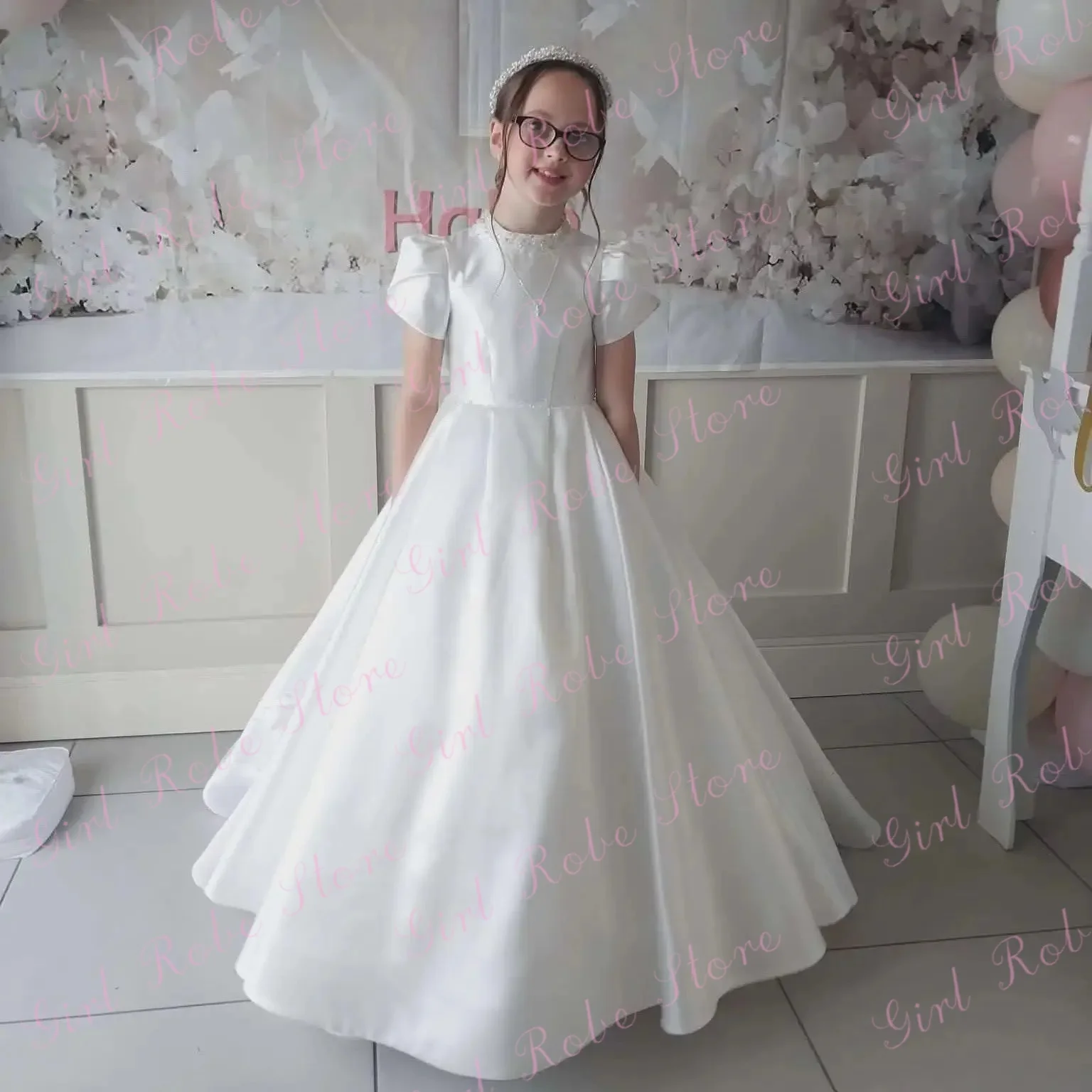 Customized Elegant Flower Girl Dress For Wedding High Collar Satin Floor Length With Bow Kids First Communion Graduation Gown