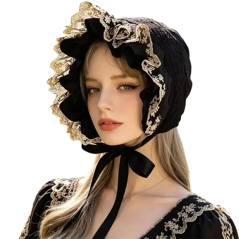 39BD Portrait Photo Bonnet Hat with Lace Trim and Chin Ties, 55-60 Ruffled Brim Cap for Decorative Outfit Styling