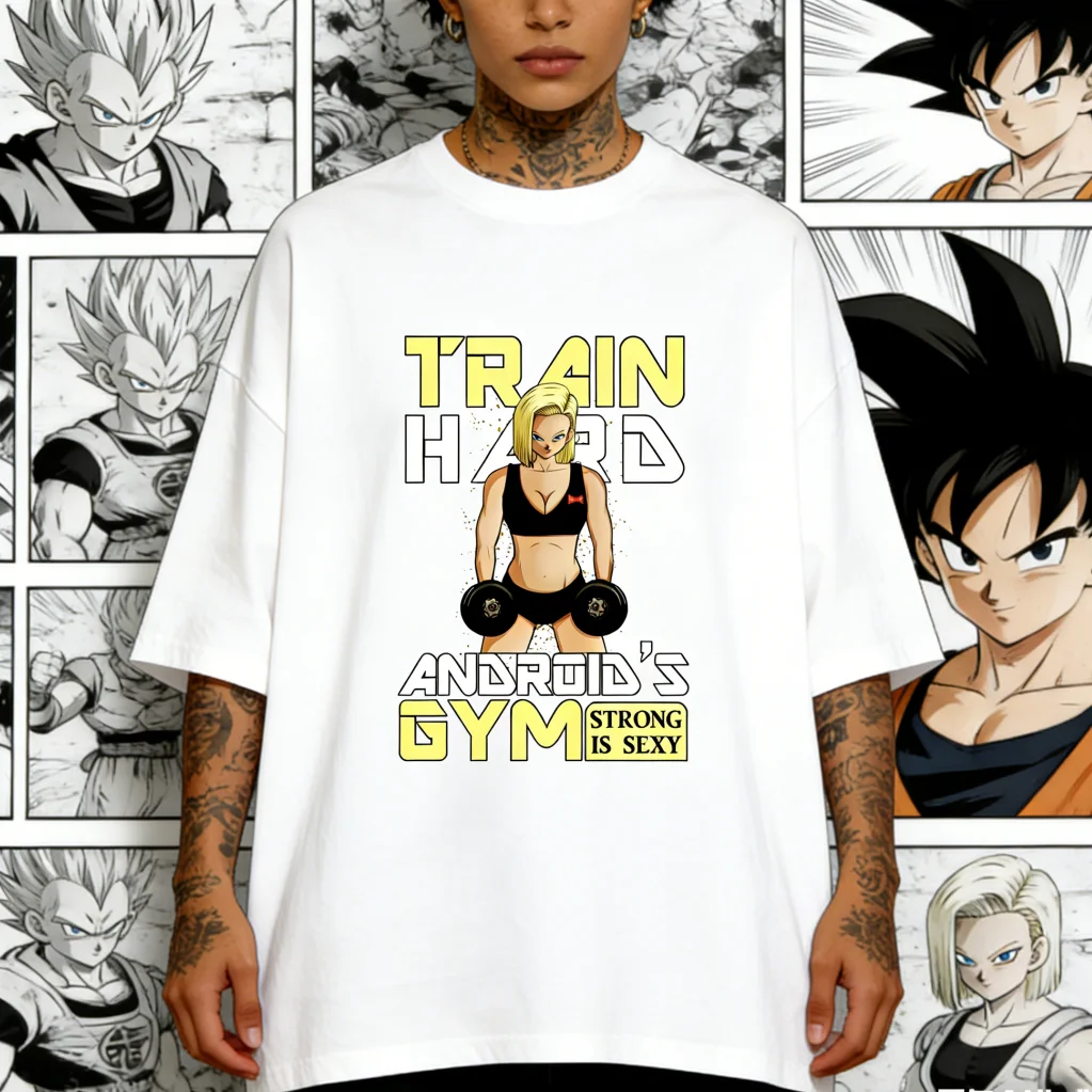 Android 18 Train Hard Gym Dragon Ball Anime Printed T-shirt Men's and Women's T-shirt Men's Top Sports T-shirt Men's T-shirt New
