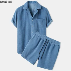 New 2026 Summer Men Corduroy Shorts Sets Fashion Lapel Short Sleeve Shirts +Shorts Solid 2 Piece Set Mens Casual Sportswear Sets