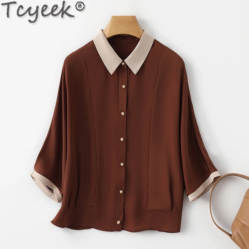 

Tcyeek 92% Mulberry Silk Shirt Summer Clothes Short Sleeve Womens Tops and Blouses Elegant Women's Shirts 2024 Chemise Femme