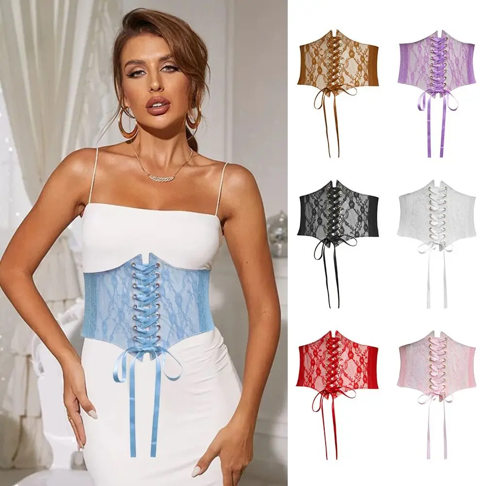 Wide Lace Corset Waist Belt PU Leather Stretchy Silk Elastic Cummerbunds DIY Flower Embroidery Waistband Strap