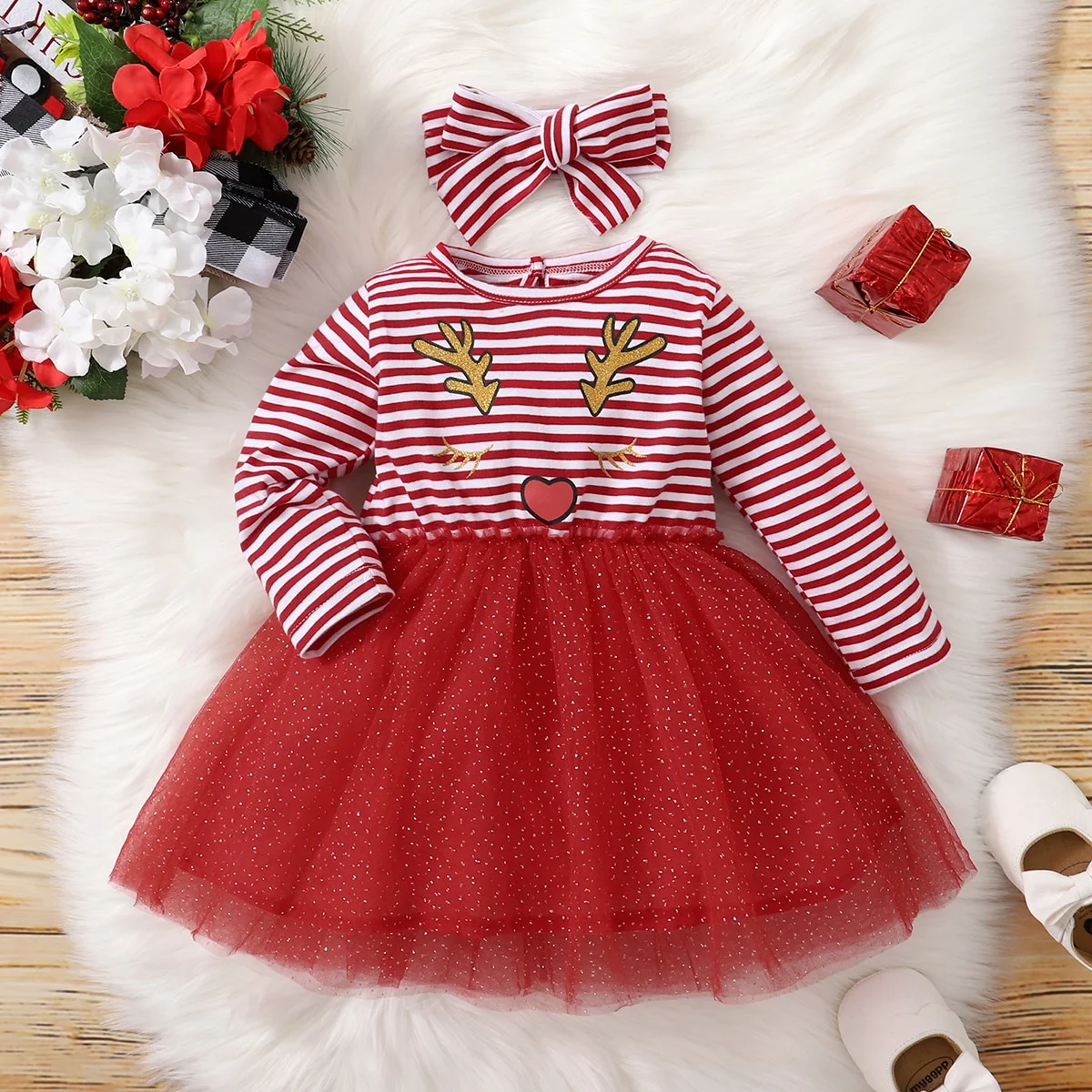 Baby Girl Autumn/winter Red Striped Christmas Deer Mesh Long Sleeved Dress