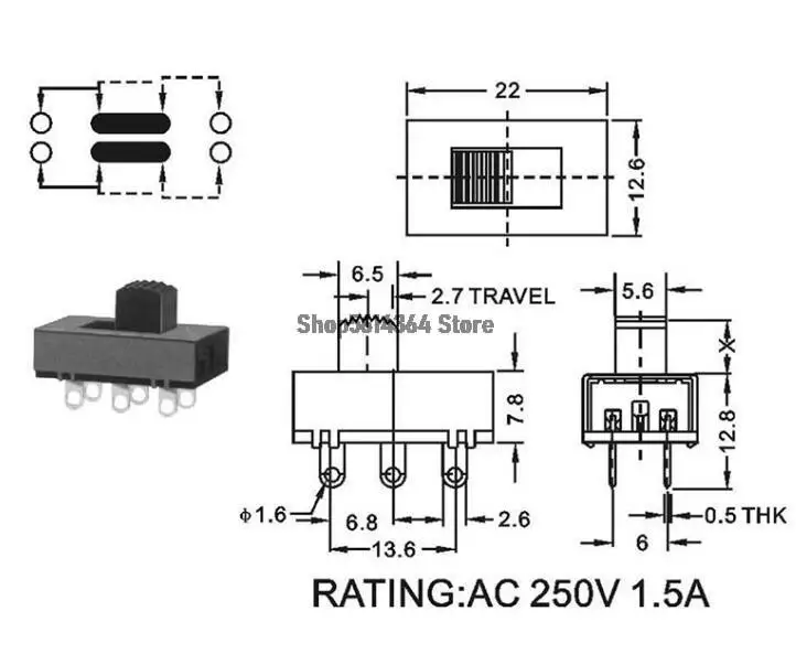 2P3T AC250V 1.5A 6 Pins 5MM Shaft Length Mini Toggle Slide Switch 10pcs