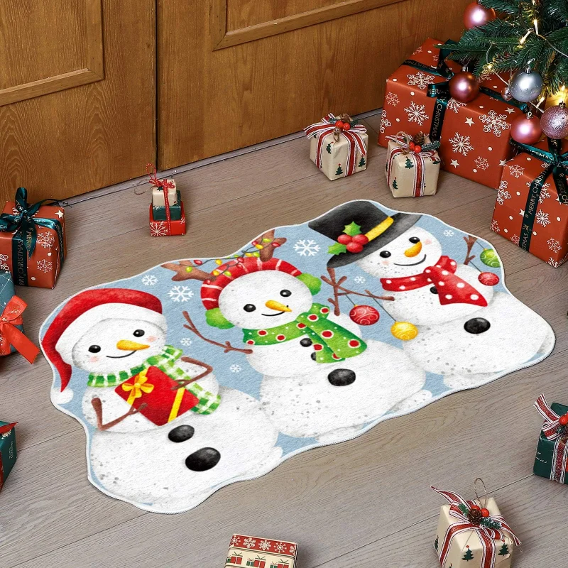 VIKAMA Xmas Shaped Floor Mat Festive Three Snowmen Gift Snowflake Print Non Slip Mat For Indoor Outdoor Entry Decor