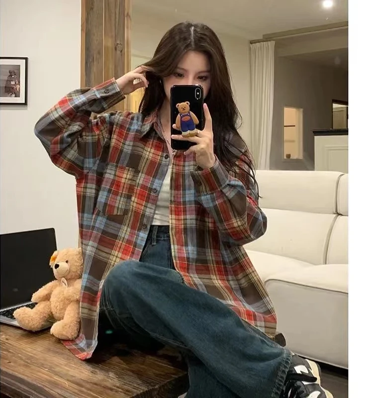 

Retro American Plaid irt Loose Long Sve Open Cardigan Outerwear for Women Autumn New Sle Collar Button Detail