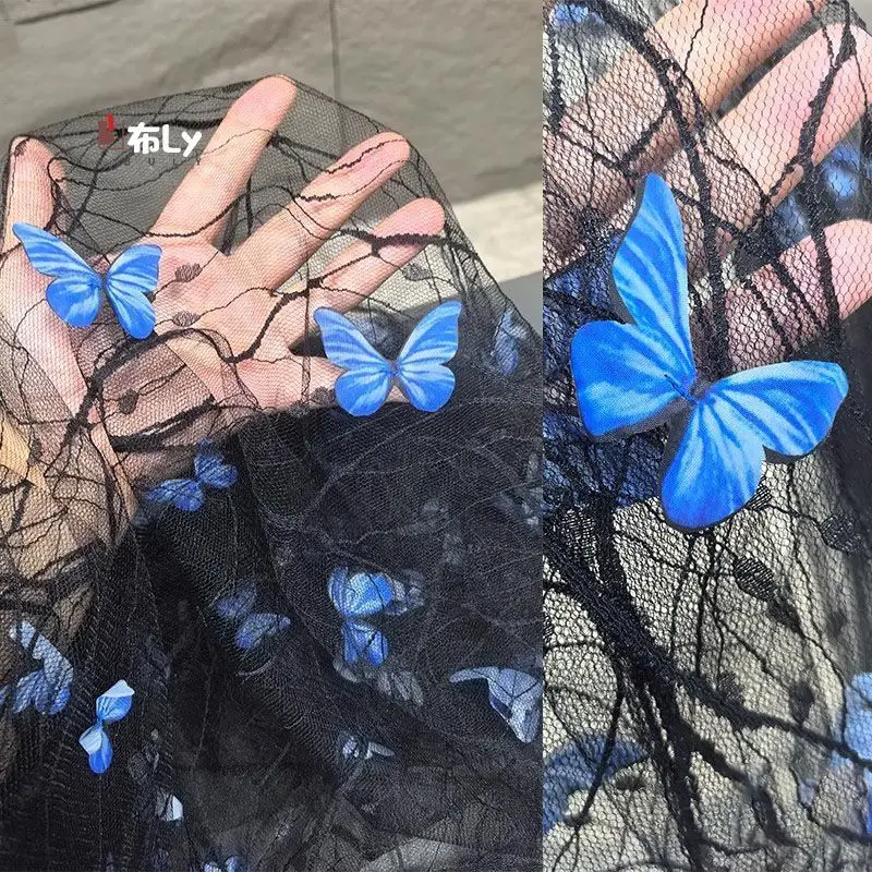 

Синяя 3D-ткань с бабочками и нерегулярной текстурой, сетчатое кружево для свадебных платьев и дизайнерских проектов, материал для модных дизайнеров