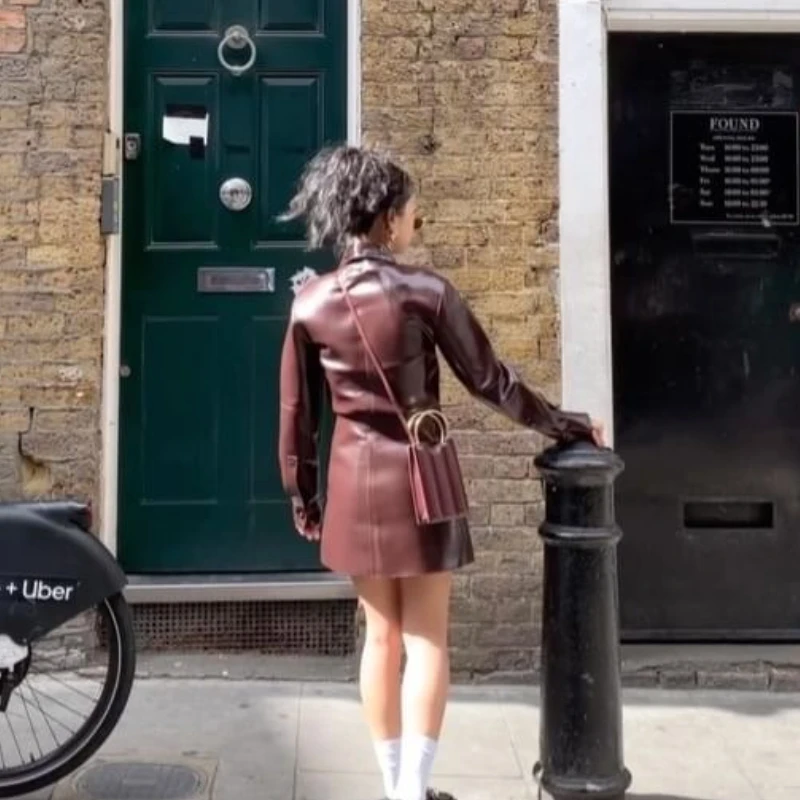 Suninheart Autunno Giacca in ecopelle Cappotto e gonna corta Set Giacca in PU moda e chic Capispalla casual da donna High Street