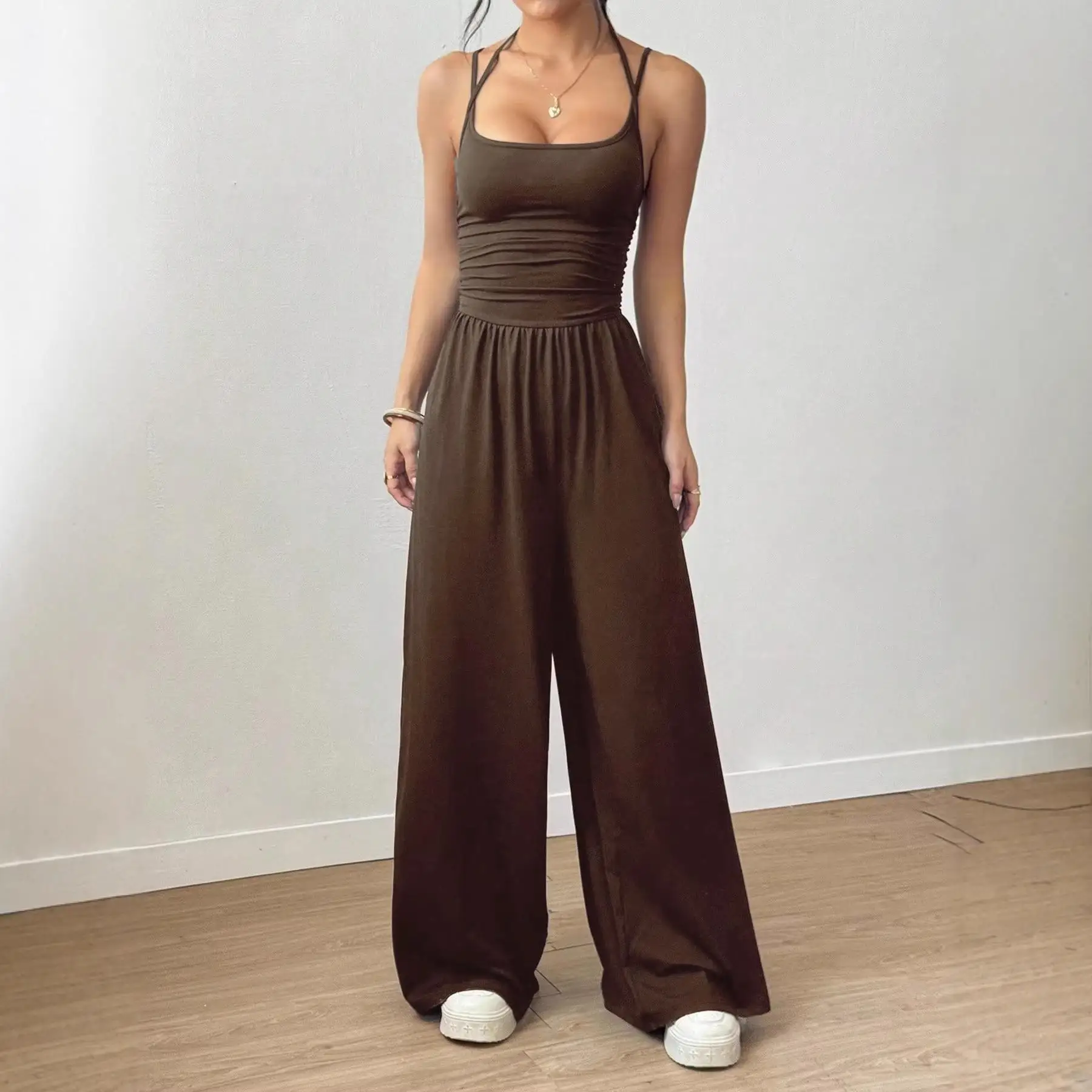 Casual Summer Wide Leg Loose Wrap Chest Belted  Women's Clothing Strapless Knitted Knitwear  Color Sportswear