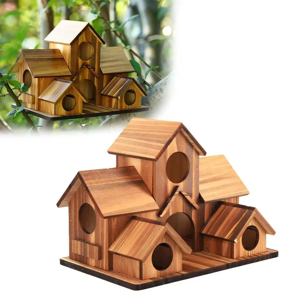 5Hole Bird House Room Wood Families Bluebird Finch Hanging Birdhouse For Garden Waterproof And Wear-resistant Supplies