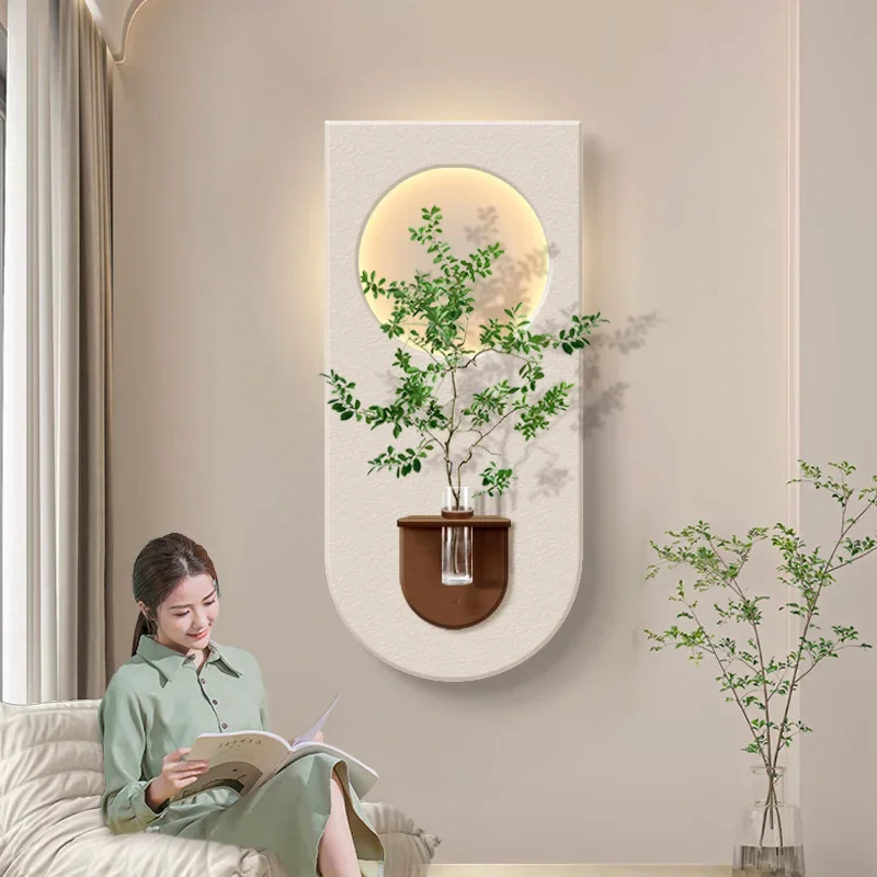 Hydroponic green plants, sandstone hanging paintings with vases 3D vertical corridor aisle wall lamps
