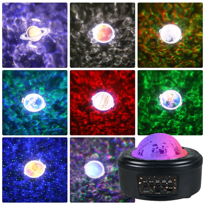 Proyector estrellado RGBW, Mini luz LED nocturna con música y Control por voz, 10 planetas, estrellas, galaxias, Luna, lámpara para decoración de habitación