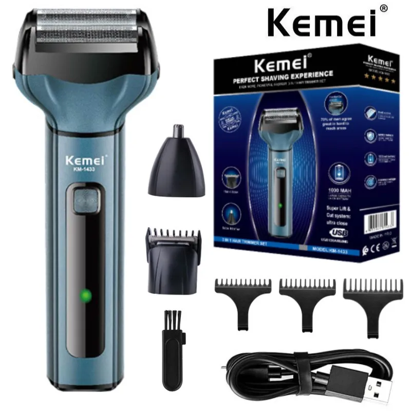 

Kemei 3 In 1 Powerful Electric Shaver Facial Body Hair Trimmer Beard Shaving Machine Razor Nose Ear Hair Trimmer for Men KM-1433