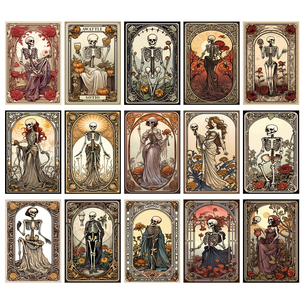 15pc Halloween Tarot Postcard for Home Wall Decor Skeleton Witch Tarot Cards Clipart Bundle Wall Art Poster Halloween Decoration