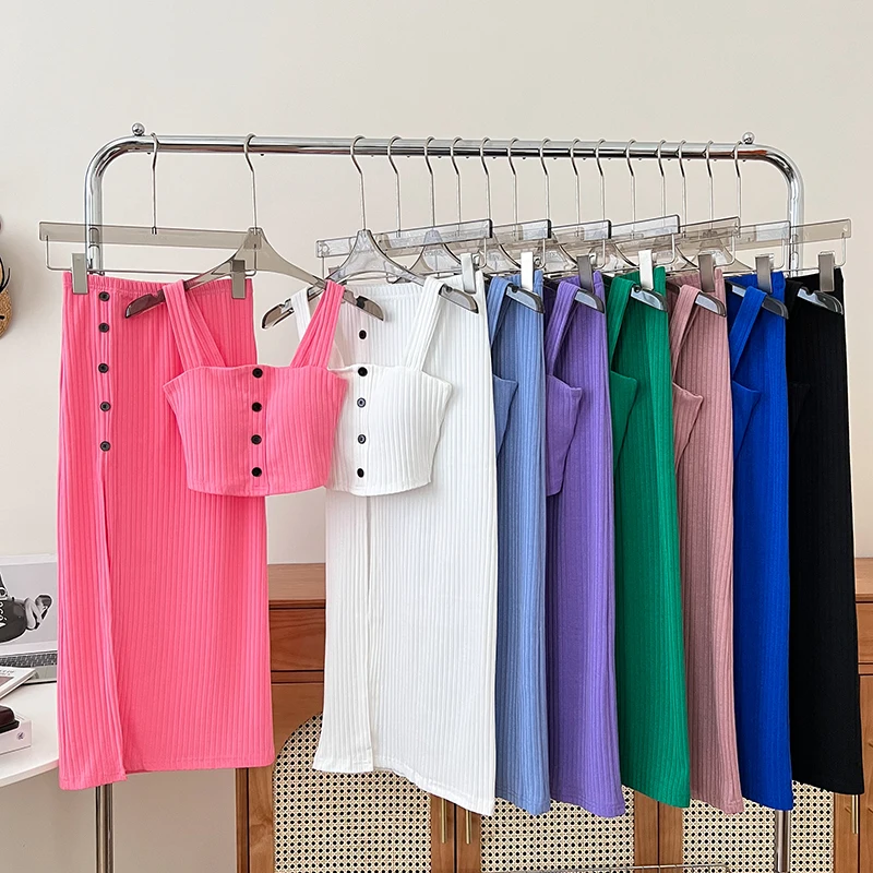 

Summer Slimming High Waist Midi Skirt And Crop Top Set Single Button Halter Neck Vest Two Piece Outfit Fashionable Women's En...
