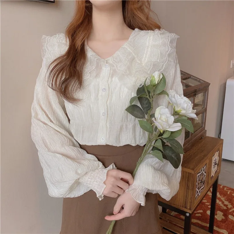 Sweet Peter Pan Collar Shirts for Women Fashion Girls Lolita Basic Long Sleeve Tops Autumn Tender Feminine Aesthetic Clothing