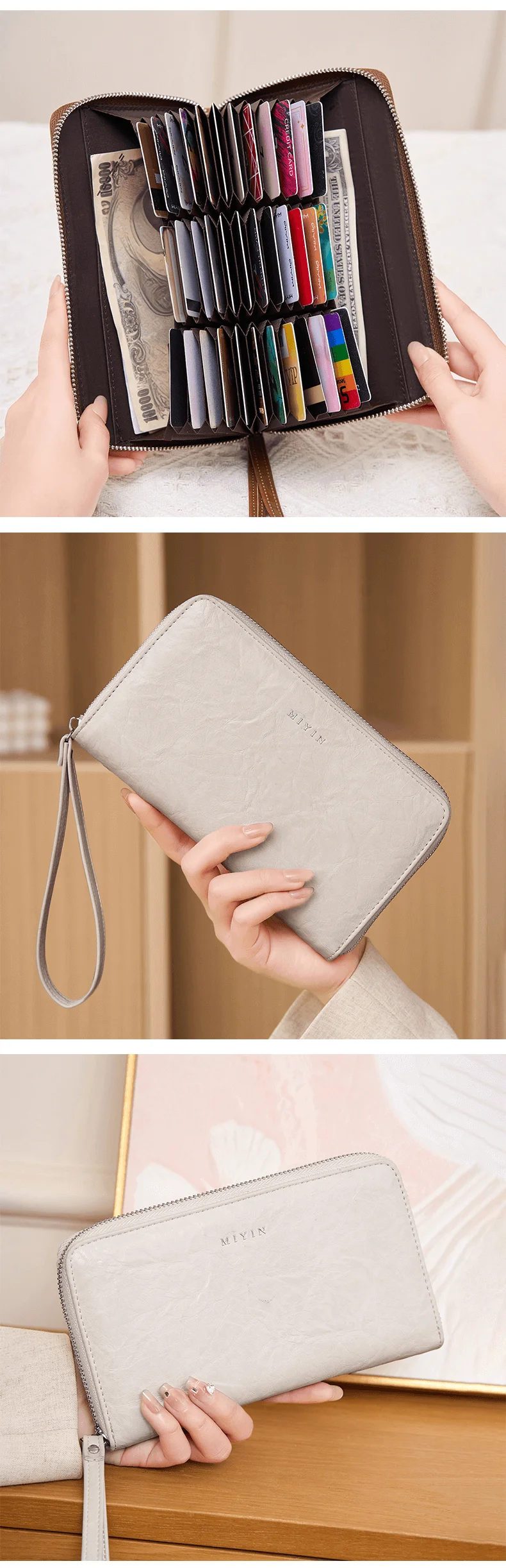 RFID-Diebstahlschutz Damen-Clutch-Tasche Retro Multi-Kartenfach Akkordeon-Geldbörse Einfarbig Große Kapazität Reißverschluss-Kartenhalter – Detail 8