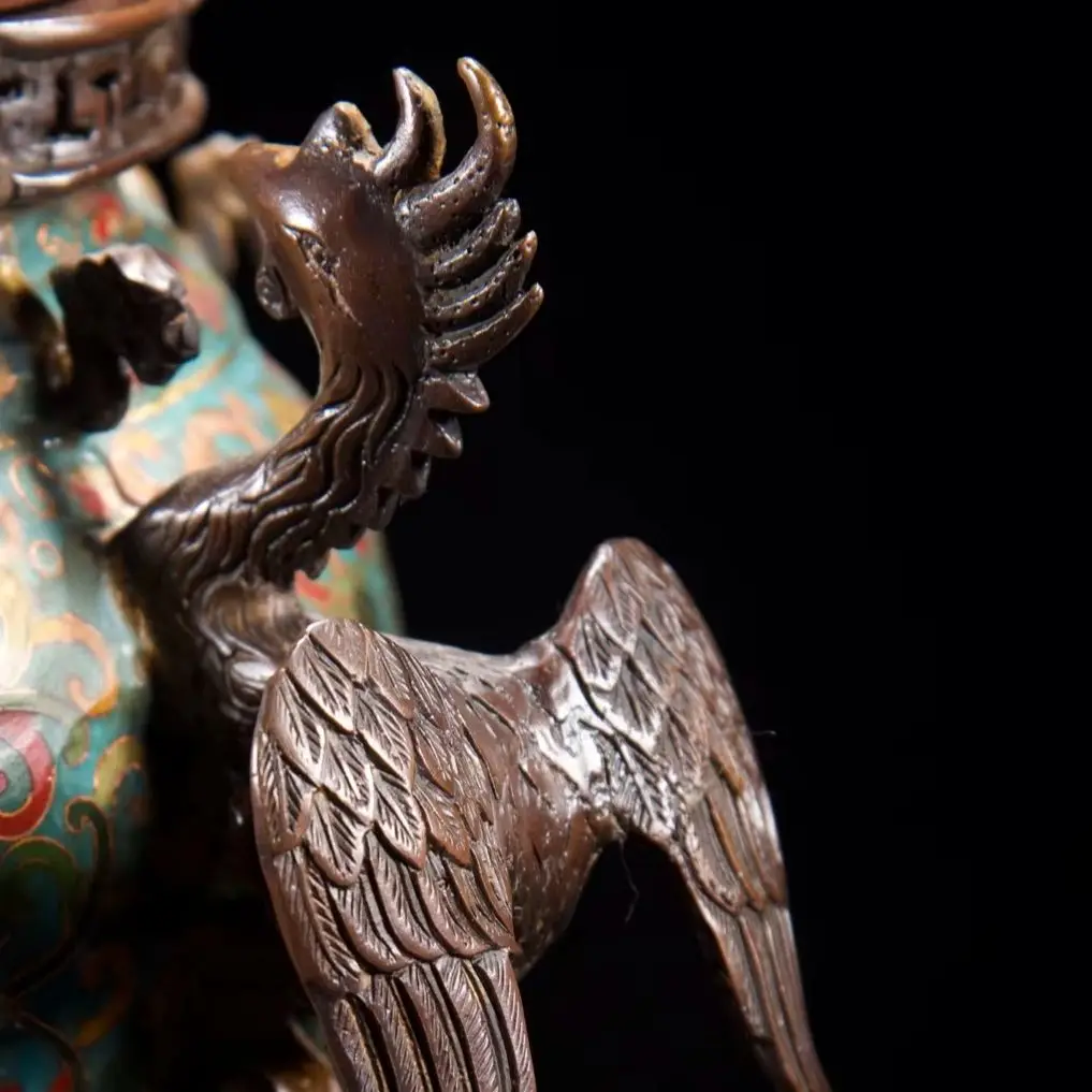 Old Bronze Cloisonne Enamel Guanyin Buddha Cover Phoenix Ear Three legged incense burner base Worship Hall Town house