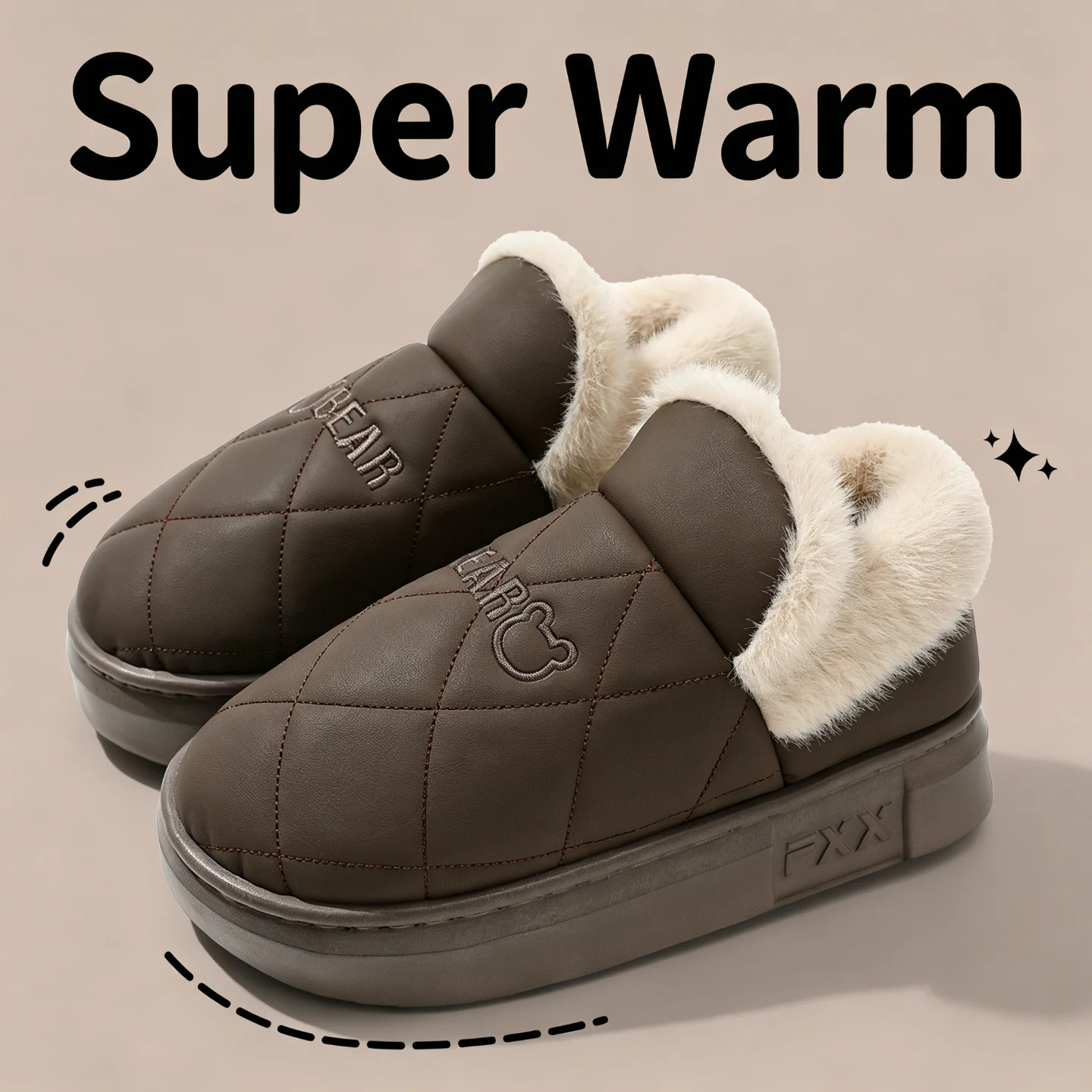 Winter Wasserdichte Hausschuhe für Damen und Herren, Warme Plüsch-Hausschuhe mit Dicker Sohle, Bären-Stickerei, Rutschfeste Indoor-Baumwoll-Fell-Schuhe – Detail 3