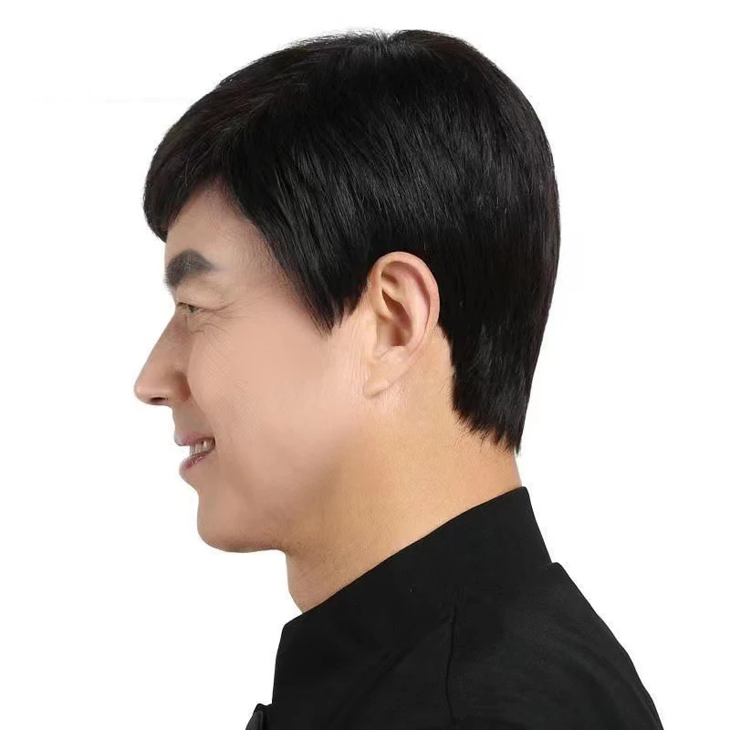 Homem lado varredura franja cabelo curto homem de meia idade e idosos roupas diárias combinar capa de cabeça completa festa homem estilo curto peruca
