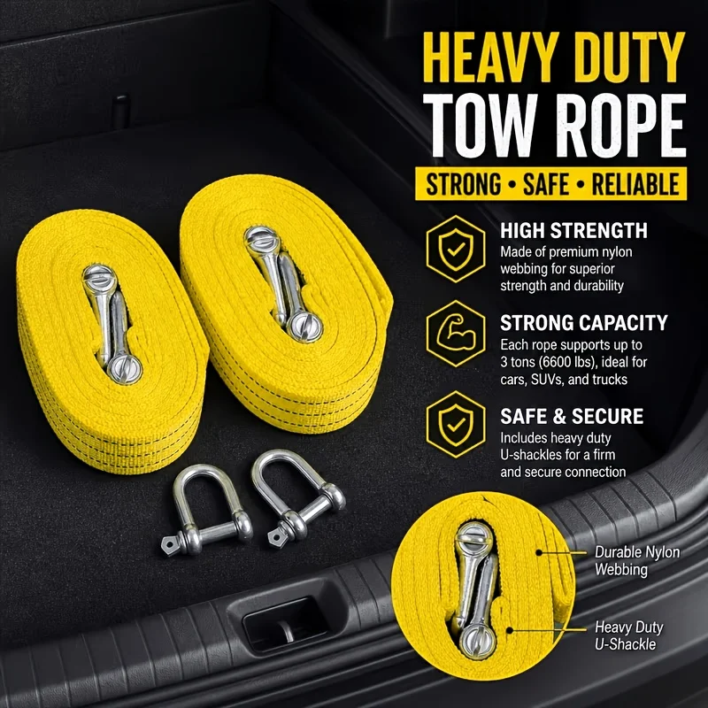 2/1 Piece Set of Heavy-Duty Towing Ropes, Vehicle Rescue Towing Straps, Car Towing Straps, Off-Road Rescue Towing Ropes, Durable Towing Straps with U-Shaped Shackle Hooks, Wear-Resistant and Flexible, Suitable for Outd