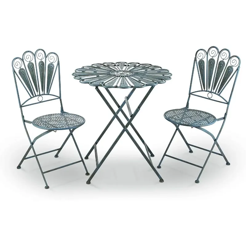 

Alpine Corporation Indoor/Outdoor 3-Piece Peacock Feather Rustic Metal Bistro Set Patio Seating, Light Blue