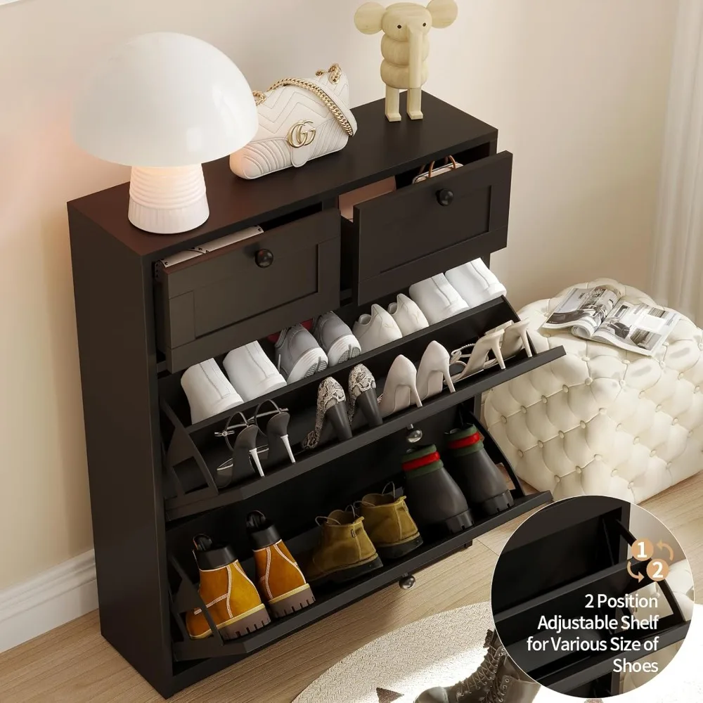 Shoe Cabinet with 2 Flip Drawers & 2 Drawers, Freestanding Shoe Storage Cabinet with Adjustable Shelves, Shoe, Customized
