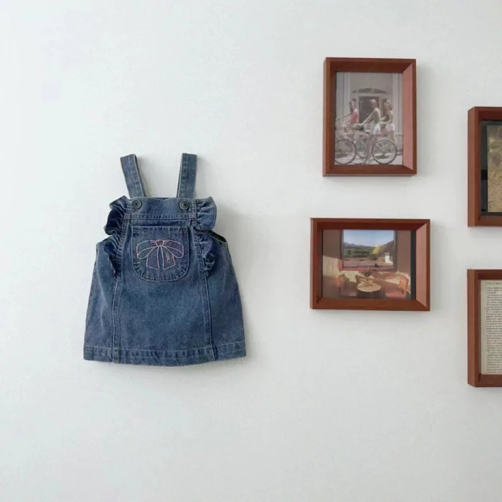 2025 outono novo bebê menina sem mangas denim cinta vestido infantil da criança bonito arco bolso vestido casual moda princesa estilingue vestido