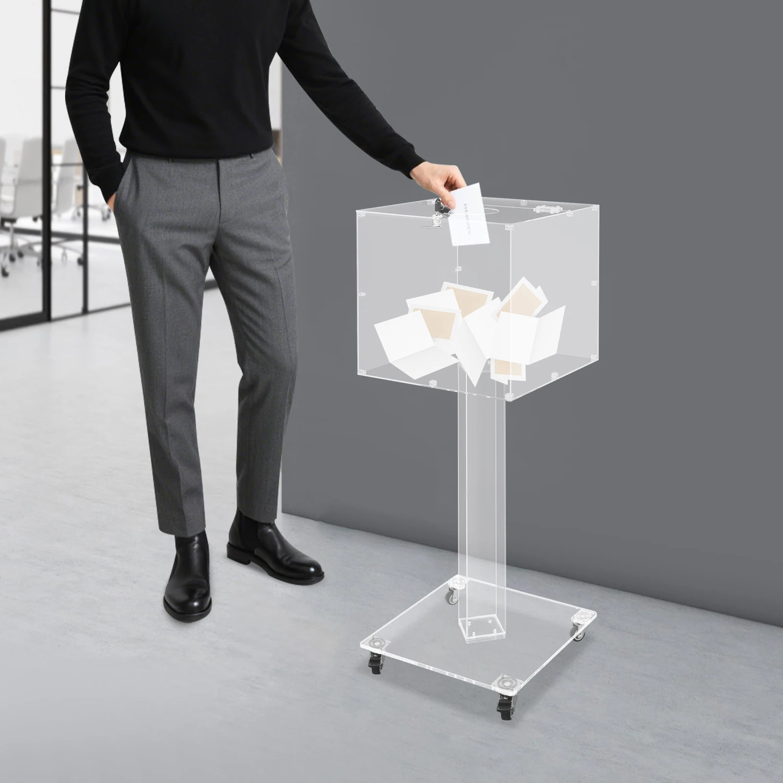 صندوق احترافي مستدير من الأكريليك الشفاف مع قفل ومفتاح، صندوق تبرع قائم على الأرض مع عجلات للاجتماعات والانتخابات والمكتب #1