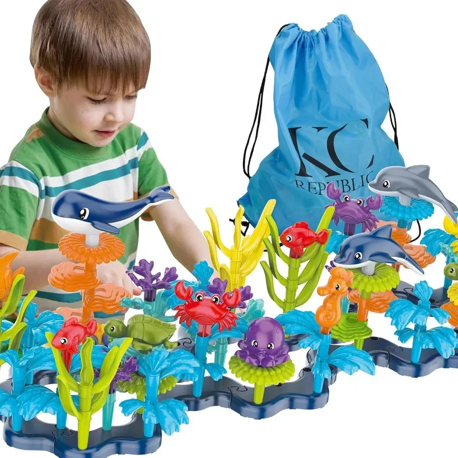 Ocean Reef 125 pcs Building Toy Set for Toddlers and Age 3 4 5 6 Year Old Boys and Girls Stacking Reef Garden Building Toy STEM