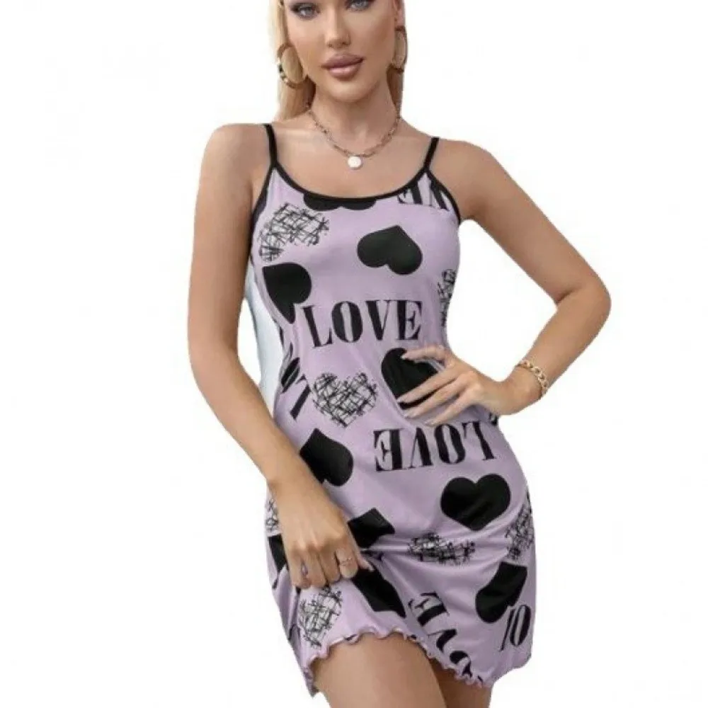 

Breathable Women's Nightgown Thin Section Heart Letter Print Sexy Nightdress Spaghetti Strap Halter Short Skirt Summer Season