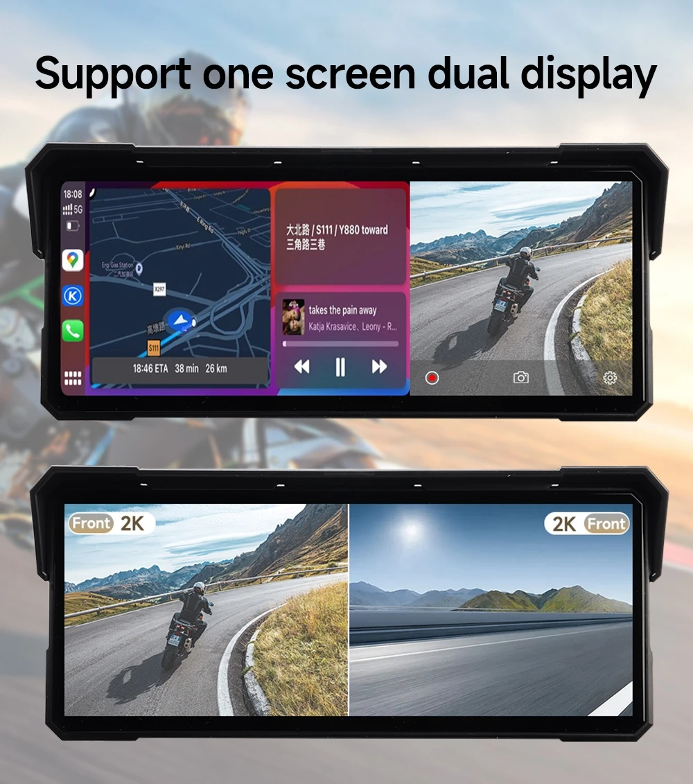 Motorcycle Multimedia Player 8.1'' 2K HD GPS Navigation Video Recorder Wireless CarPlay Android Auto IPX7 Waterproof Screen BT