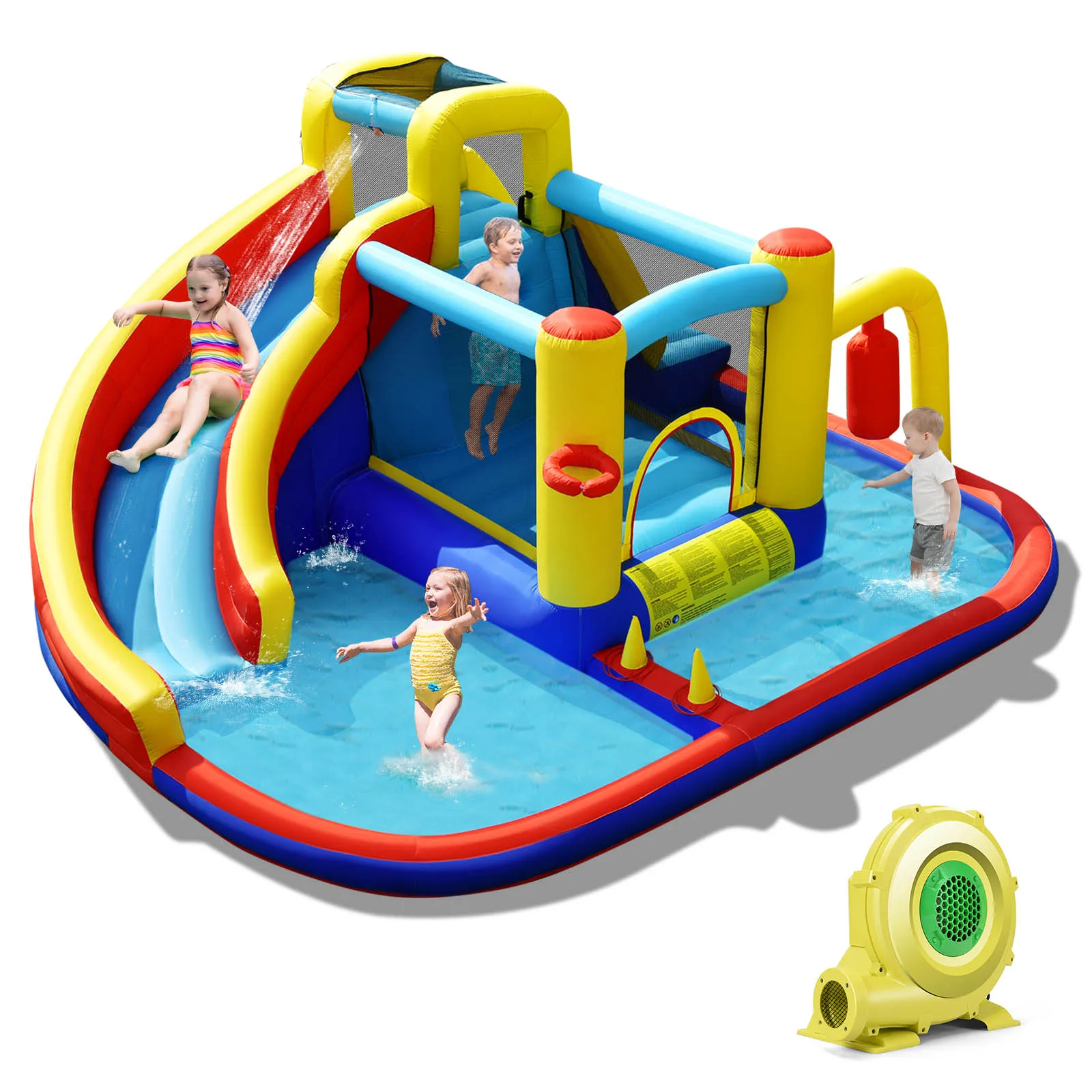 

7-in-1 Inflatable Water Slide Water Park Kids Bounce Castle With 735W Air Blower