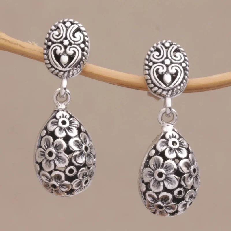 

925 Silver Plated Floral Pattern Drop Earrings Metalwork Romantic Flower Sphere Dangle Earrings For Women Girls Lover Valentine'