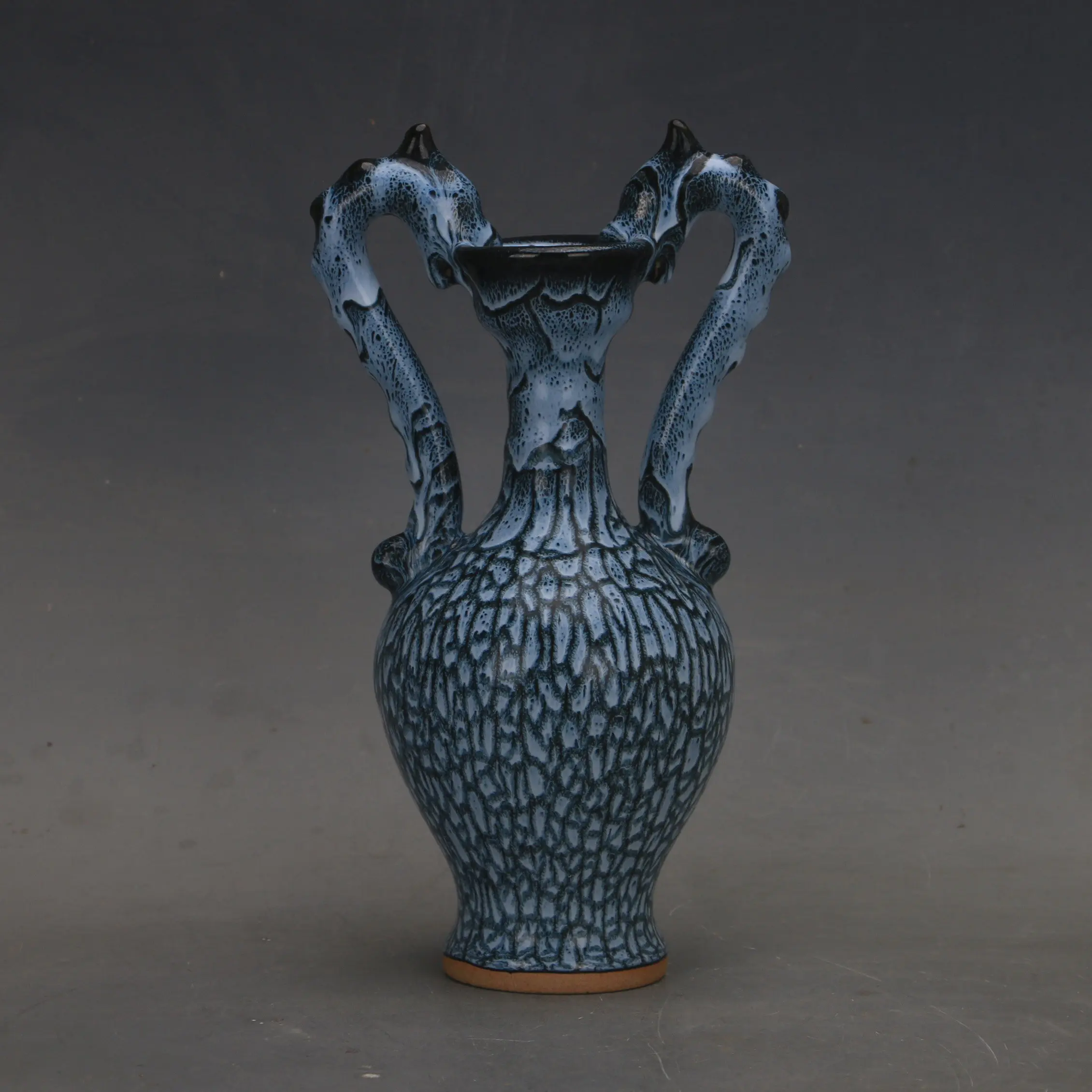 Chinese Jun Ware Blue Glaze Double Dragon Vase Handmade Porcelain Home Decor Collectible