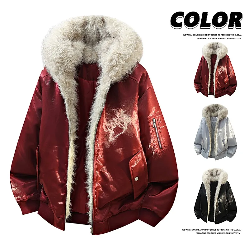 

Thickened Cotton Jacket Men's Winter Warm Coat with Fur Collar American Style Workwear New Youth Fashion Casual Outerwear