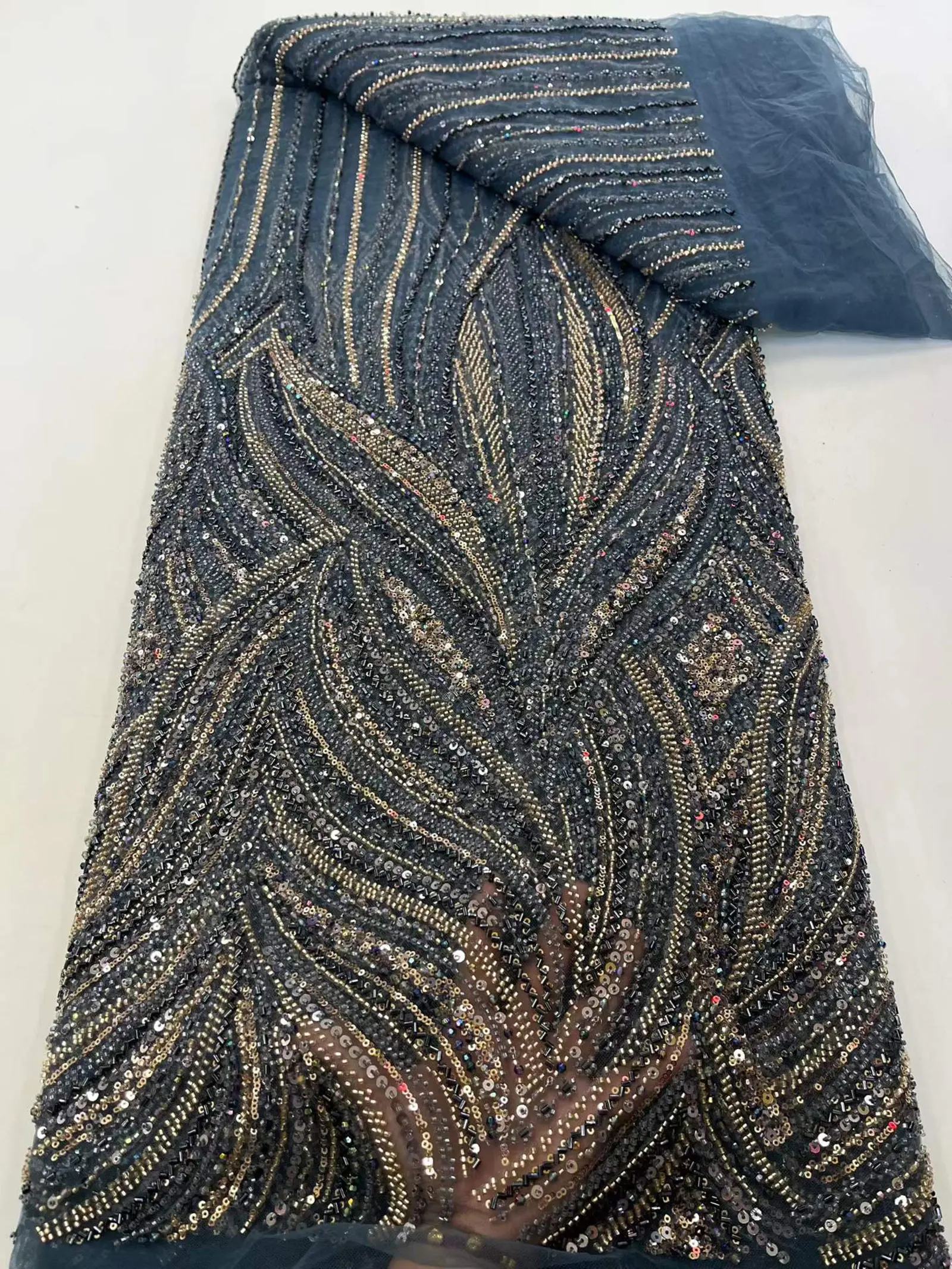 5 Yards afrikanischer Perlen-Spitzenstoff 2026 Hochwertiger französischer Pailletten-Tüll-Spitzenstoff für nigerianischen Brautstil – Detail 10