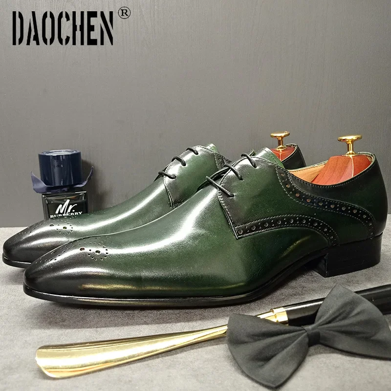 Luxury Brand Derby Men Shoes Lace Up Pointed Toe Brogue Green Black Shoes Casual Dress Wedding Office Leather Shoes Men