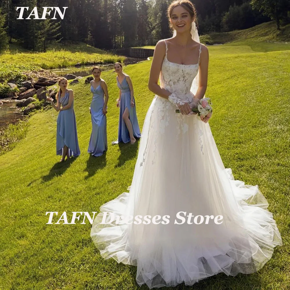 TAFN Spaghetti Straps Lace Appliques Wedding Dresses A-line Square Collar Tulle Bridal Gowns Custom Made Dress for Bride