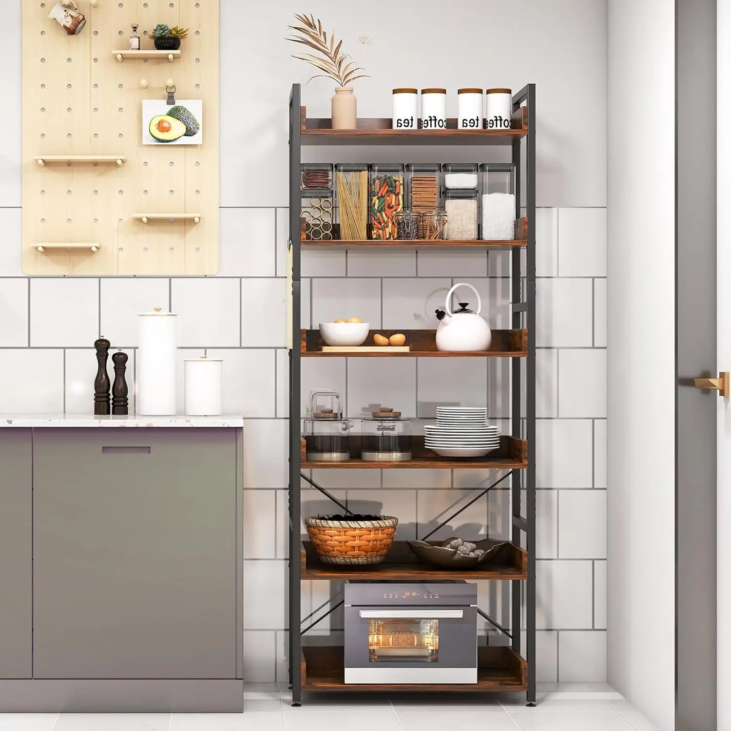 6-Tier Bookshelf 2-Pack 70in Tall Open Rack With Adjustable Foot Pads & Hooks Industrial Storage For Living Room , Customized