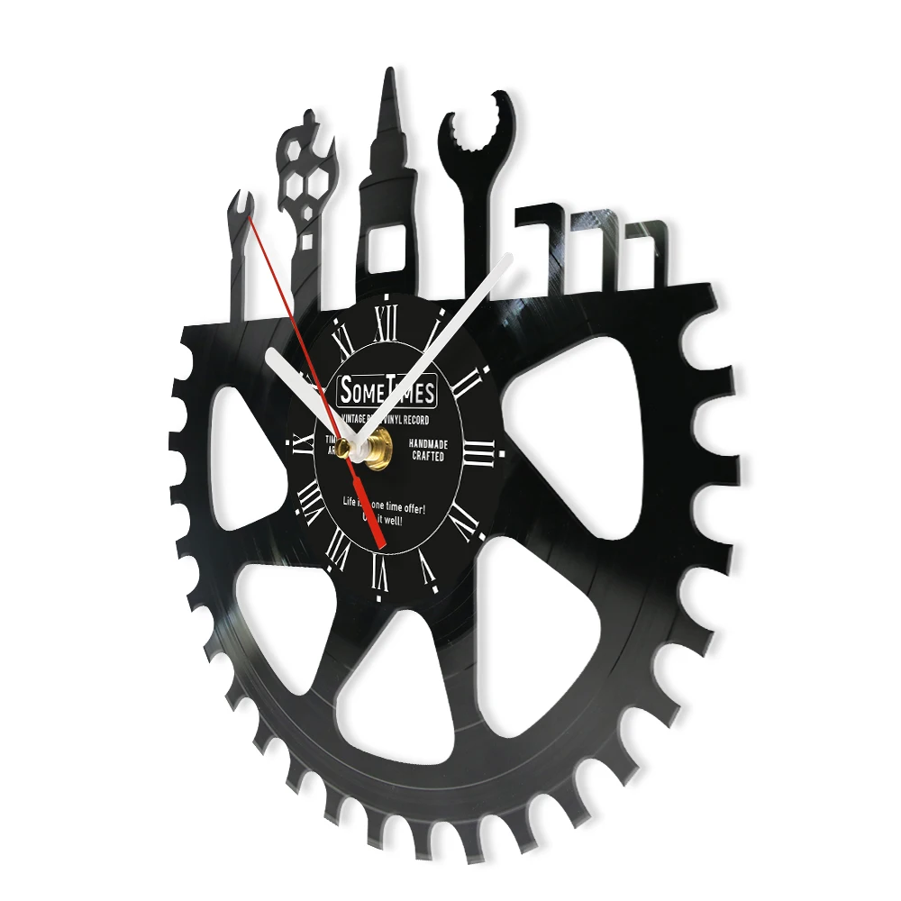والعتاد تصميم شخصية المرآب مسجل فينيل ساعة حائط أداة ديكور الغرفة ميكانيكي السيارات متجر ورشة عمل ساعة حائط مخصصة