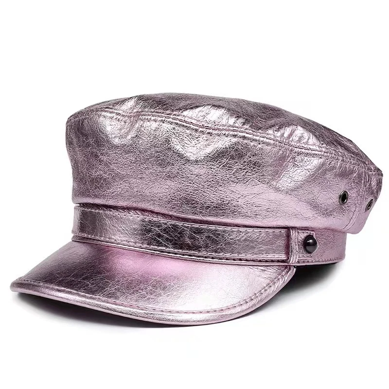 Spring Korean Fashion Unisex Flat Top Genuine Leather Navy Hat Student Shining Golden/Silver Hip Pop Caps Women Men Streetwear