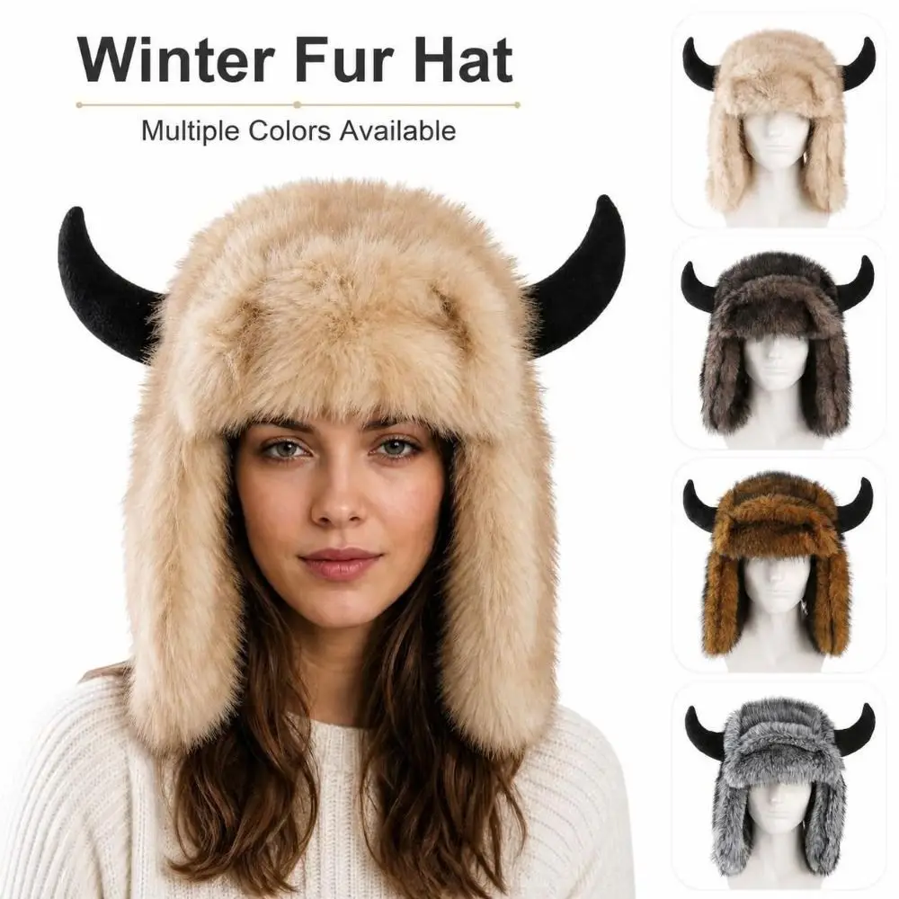Soft Thick Horn Hat Faux Fur Lined Cow Head Shape Ear Protection Hat Keep Warm with Ear Flaps Winter Ski Hat Winter