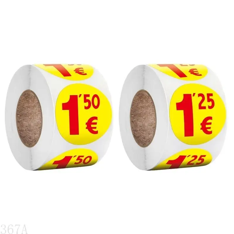 367A 500pcs بيع المرآب تسميات ملصقات الأسعار 1.25/1.5 يورو ملصقات تسعير مستديرة لمتجر سوق السلع المستعملة