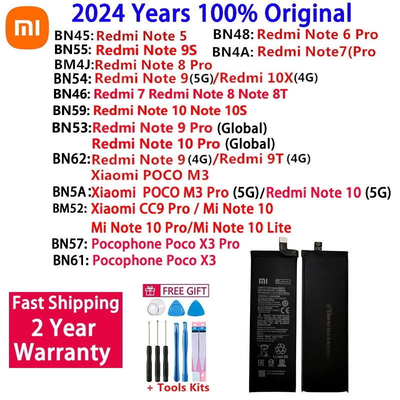 100% Original High Quality Battery For Xiaomi Redmi Note 5 6 7 8 8T 9 9T 9S 10X 10 10S POCO M3 X3 CC9 Pro Lite Batteries Bateria