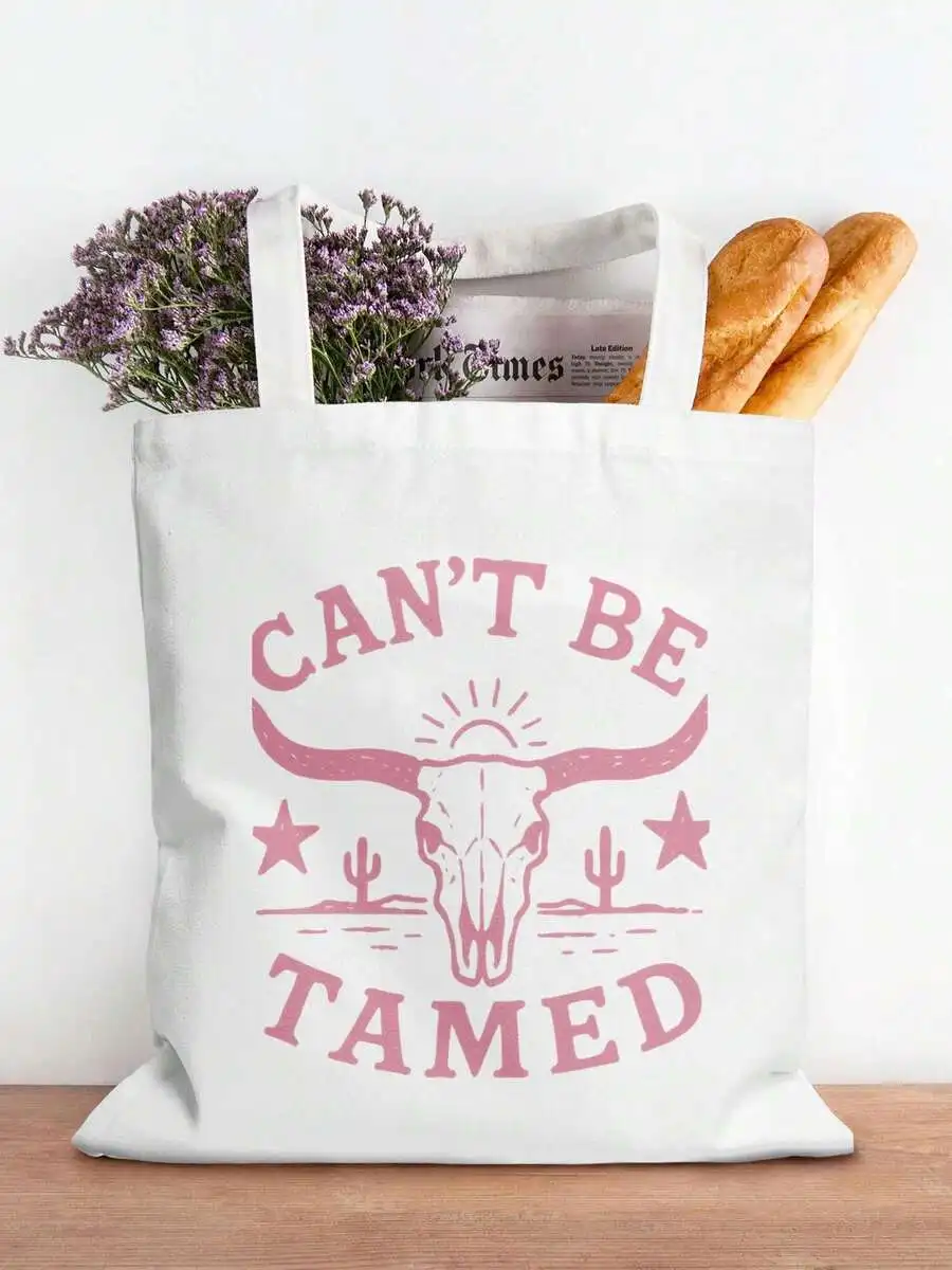 

Canvas Tote Bag With Cow Skull Graphic Cant Be Tamed Pink Print Shopping Bag